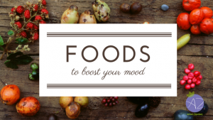 Φωτογραφία με πολύχρωμα τρόφιμα και τίτλο "Φαγητά για καλή διάθεση"